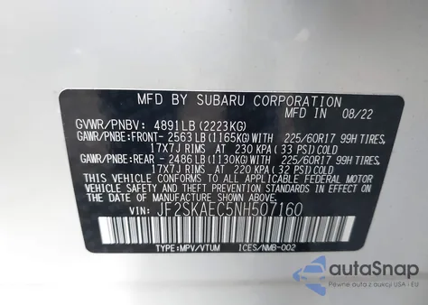 2022 Subaru Forester Premium from USA, damaged, VIN JF2SKAEC5NH507160
